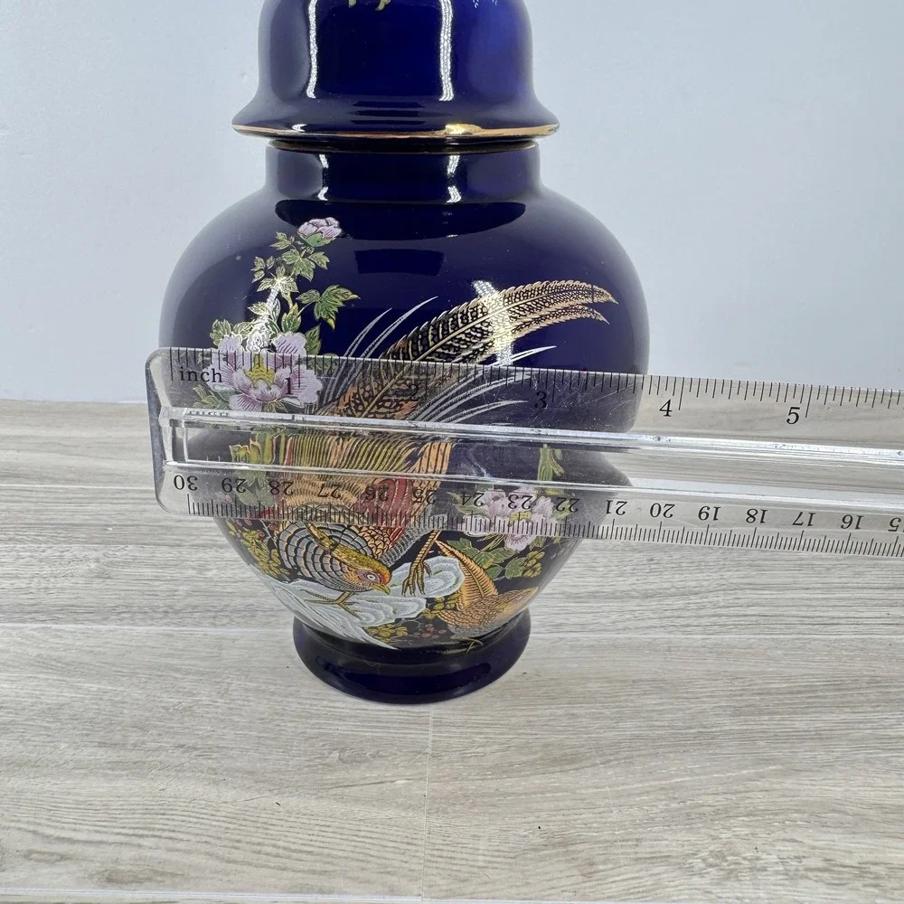 Vintage Japan Cobalt Blue‎ Gold Pheasant Floral Lidded Ginger Jar Urn